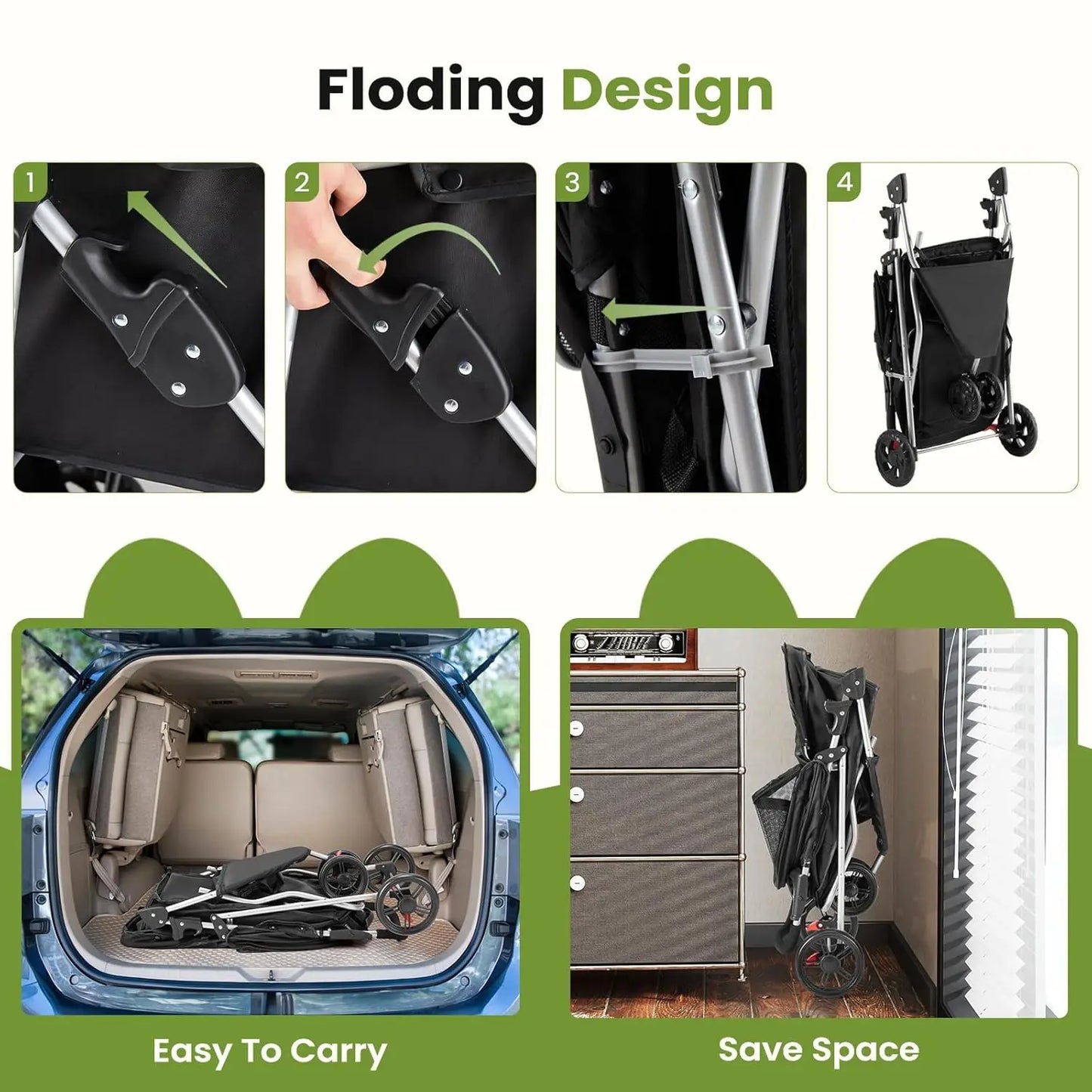 Small Pet Stroller, Lightweight & Foldable, Comfortable Ride for Dogs & Cats, Black, Easy to Transport