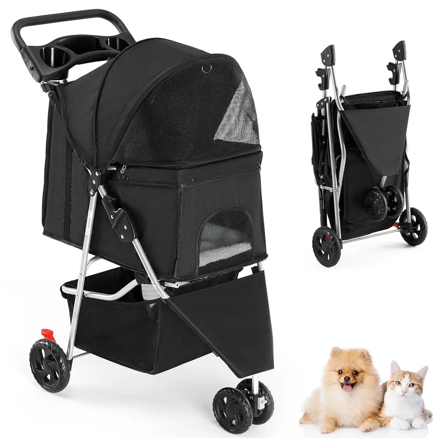 Small Pet Stroller, Lightweight & Foldable, Comfortable Ride for Dogs & Cats, Black, Easy to Transport