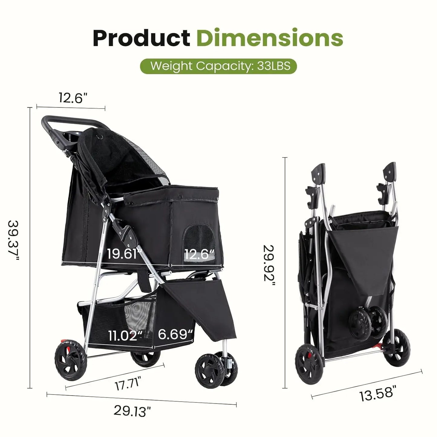 Small Pet Stroller, Lightweight & Foldable, Comfortable Ride for Dogs & Cats, Black, Easy to Transport