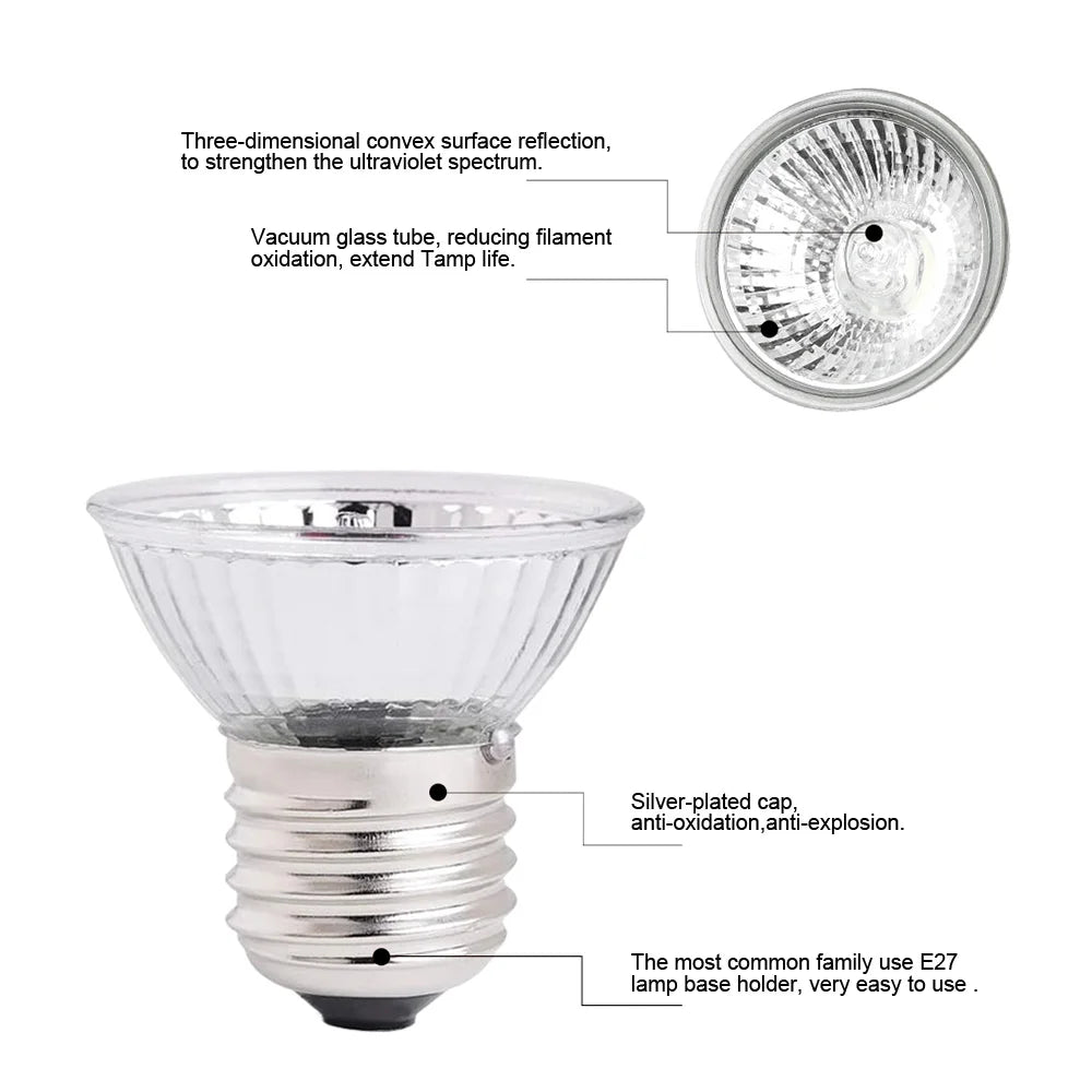 Reptile Heat Lamp Bulb With Clip-on Dimmable UVA UVB Turtle Tortoises Basking Lights Timming Pet Amphibians Lizards Heating Bulb