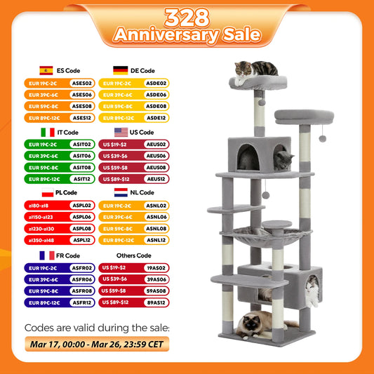 184cm Large Cat Tree and Tower for Indoor Cats With Sisal-Covered Scratching Posts Spacious Hammock Padded Perches and Condos