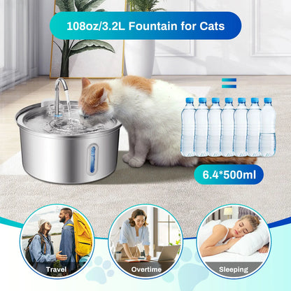 Cat Water Fountain Stainless Steel, 108oz/3.2L Pet Water Fountain With Ultra Quiet Pump, Filtration System,Water Level Window