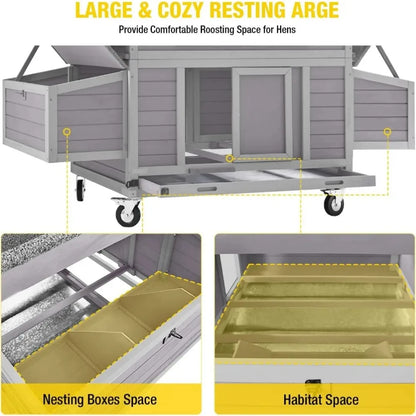 Chicken Coop with Wheels Large Hen House with Nesting Boxes Poultry Cage for 3-5 Hens Outdoor Duck Coop Pet Cage