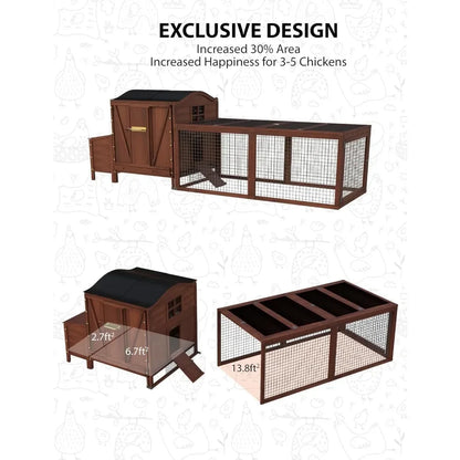 Hen House Poultry Pet Hutch Run with Waterproof Roof, Ramp, Nesting Box, Wire Fence, Backyard Poultry Cage