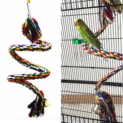 1m/1.5m/2m Parrot Bird Toys Twisted Colorful Cotton Rope Bird Climbing Toy Standing Rope Bell Bird Cage Decoration Parrot Toy