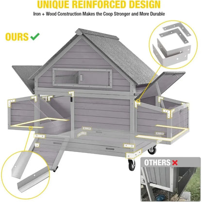 Chicken Coop with Wheels Large Hen House with Nesting Boxes Poultry Cage for 3-5 Hens Outdoor Duck Coop Pet Cage