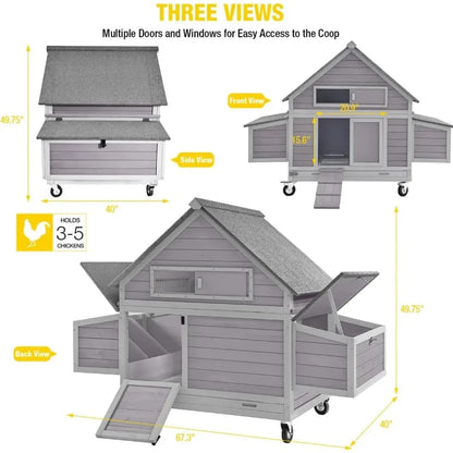 Chicken Coop with Wheels Large Hen House with Nesting Boxes Poultry Cage for 3-5 Hens Outdoor Duck Coop Pet Cage