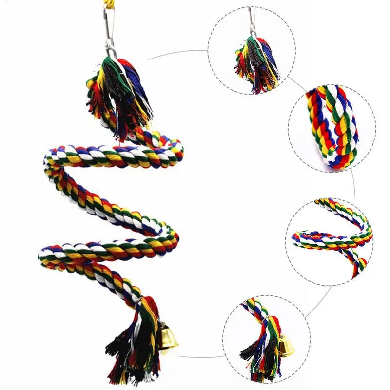 1m/1.5m/2m Parrot Bird Toys Twisted Colorful Cotton Rope Bird Climbing Toy Standing Rope Bell Bird Cage Decoration Parrot Toy