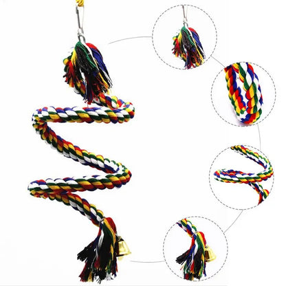 1m/1.5m/2m Parrot Bird Toys Twisted Colorful Cotton Rope Bird Climbing Toy Standing Rope Bell Bird Cage Decoration Parrot Toy